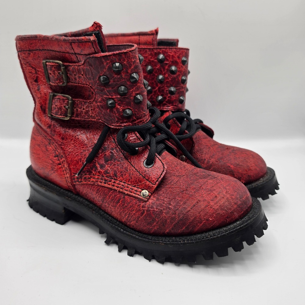 Corral Red Distressed Leather Studded Buckle Combat Boots Womens 7.5 M Lug‎ Sole